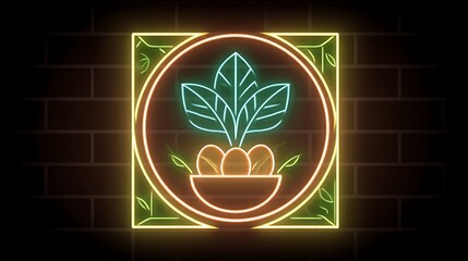 Poster - Neon Plant Icon Design with Eggs in Nest on Brick Wall Background for Eco and Nature Themes