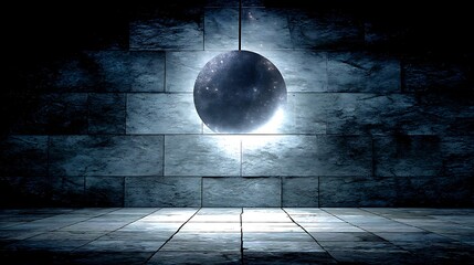 Poster - Orb of Mystery Illuminated Against Textured Stone Wall A Portal to the Unknown Dimension Escape.
