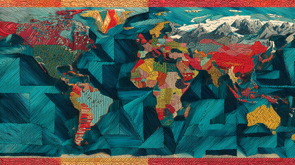 Poster - Abstract world map illustration, teal and red color palette, geometric lines create a textured, stylized representation of global connectivity and diversity