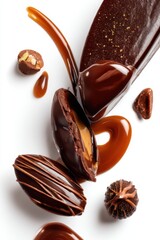 Poster - Exquisite assortment of gourmet chocolates with caramel drizzle on a clean white surface showcasing indulgence and sweet temptation in a high angle shot