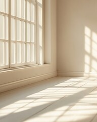 Poster - Bright Morning Light Illuminating Empty Room Interior Through Window Creating Warm and Inviting Atmosphere with Clean Lines and Minimalist Design