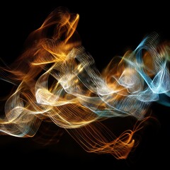 Poster - Dynamic light painting art with vibrant golden and cyan hues against a stark black background creating abstract waves