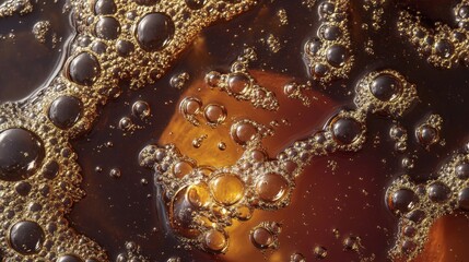 Poster - Close up of refreshing dark soda featuring golden bubbles in a glass creating a dynamic texture
