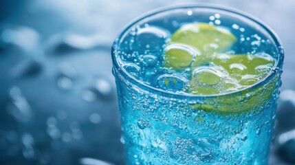 Poster - Refreshing blue drink with lemon slice and sparkling bubbles close up shot for summer mood