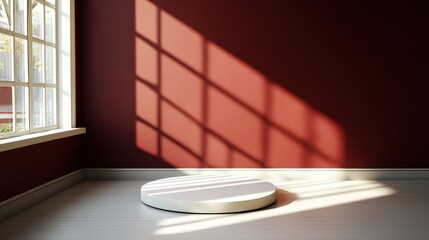 Poster - Minimalist interior scene featuring a white podium against a deep red wall illuminated by sunlight through a window creating shadows