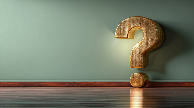 Gold question mark on green wall, wooden floor, ample free space for text or mockup, symbolizing inquiry, doubt, or uncertainty
