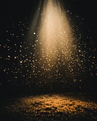 Poster - Ethereal golden light beam illuminating dust particles in a dark room creating a magical atmosphere with a dramatic effect and a sense of wonder