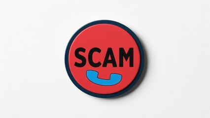 Poster - Scam call phone security. A round red badge featuring the word 
