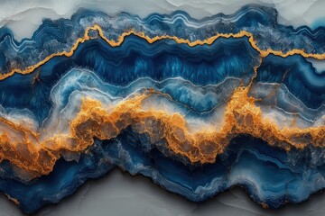 Poster - Abstract blue and gold agate pattern with intricate design and layered textures in natural stone
