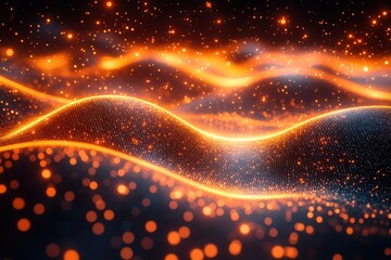 Poster - Digital waves of orange light create a mesmerizing landscape of glowing particles in a dark setting