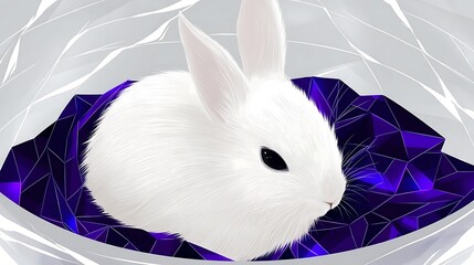 Poster - Serene White Rabbit Perched on Abstract Purple Crystal Gemstone Art in Modern Digital Render Style.