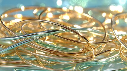Poster - Serpentine Coils of Glistening Metallic Wires Under a Soft Bokeh Light Backdrop Abstract Art.
