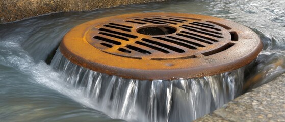 Poster - Serene Cascade Flowing Around Rusty Grate in Urban Oasis Capturing Motion and Texture in Natural Light