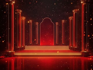 Poster - Majestic red and gold stage with columns and glowing lights creating a dramatic and elegant atmosphere for a special event or performance