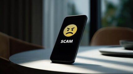 Poster - Scam call phone security. A smartphone displaying an angry emoji with the word 