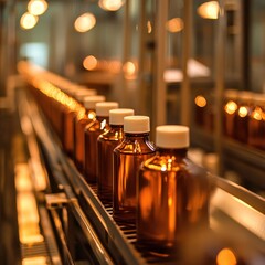 Poster - Automated pharmaceutical production line with amber bottles and white caps moving along conveyor belt in warm light industrial setting