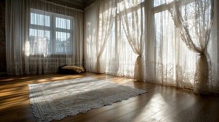 Aufkleber - Serene sunlit room with lace curtains cozy home interior design warm atmosphere captured in morning light
