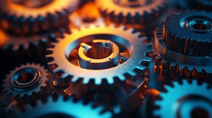 Poster - Close-up of intricately meshed metallic gears, illuminated with warm and cool light.