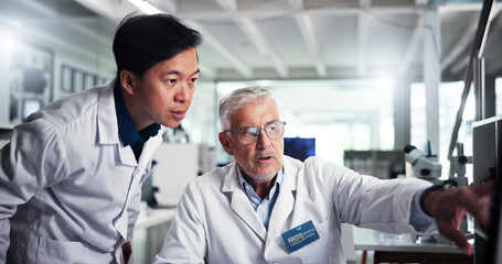 Poster - Computer, scientist and discussion with team in laboratory for healthcare, medical research or test results. Technology, men and study with biologist in clinical trial for pharmaceutical development