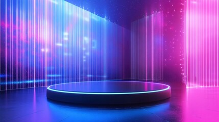 Aufkleber - Futuristic neon-lit circular platform in a dark room with vibrant blue and pink light streaks.