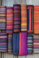Poster - Colorful patterned textile rolls on rustic wooden background showcasing vibrant hues and intricate designs creating a rich textural tapestry ideal for crafts