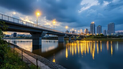 Poster - Evening reflection on urban river bridge cityscape landscape photography tranquil environment aerial view serene concept