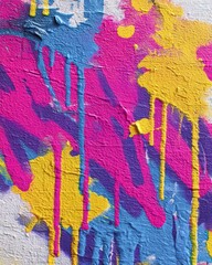 Poster - Vivid Abstract Canvas with Drips of Yellow Pink and Blue Paint Creating a Modern Artistic Texture and Bold Color Palette for Creative Backgrounds