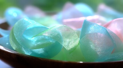 Poster - Translucent Ribbons Arrayed on Bowl Surface Pastel Colored Delicate Aesthetic Arrangement.