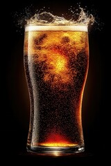 Poster - Refreshing amber beverage in clear glass with dynamic splash on black background studio shot