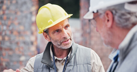 Poster - Men, team and meeting on construction site for planning, property development and discussion. Male engineer, safety and mature people at building worksite to explain design for project management