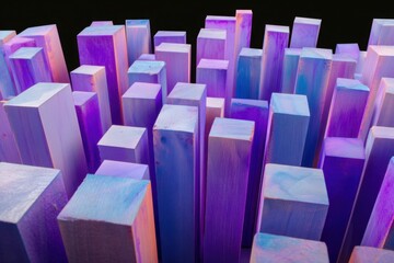 Poster - Abstract Composition of Wooden Blocks in Purple and Blue Hues Creating a Modern Art Installation and Geometric Design with a Black Background