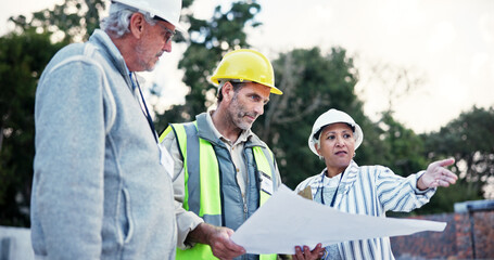 Poster - Business people, civil engineer or meeting with blueprint for construction plan at site. Group, employees or contractors with floor layout or documents for industrial development or building project