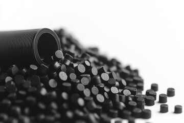 Poster - Monochrome Precision Black Plastic Pellets Cascade from Corrugated Tube in Studio Setting High Angle View