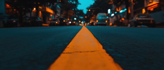 Poster - Urban asphalt road perspective with yellow line at dusk capturing city life and mood in a cinematic style with a low camera angle and blurred background