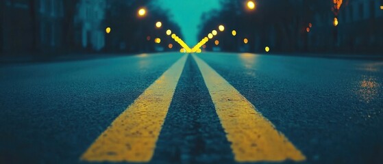 Poster - Urban nightscape featuring road markings under street lights creating a moody and atmospheric scene with a focus on perspective and depth of field