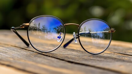 Poster - Reflective glasses display on wooden surface outdoor setting macro photography nature background close-up view