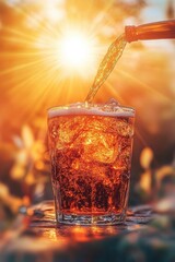 Poster - Refreshing cola drink being poured into a glass with ice cubes under the bright sunlight creating a warm and inviting summer vibe