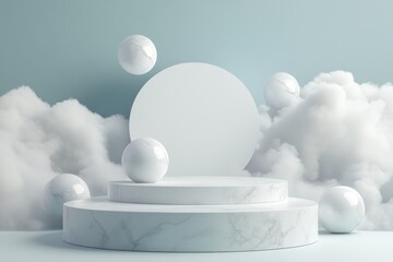 Poster - Elegant marble podium display with floating spheres and serene cloud background for product showcase and artistic presentation