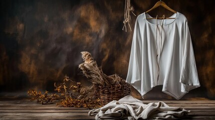 Poster - Artistic display of white garment with dried plants rustic studio fashion photography cozy atmosphere close-up view