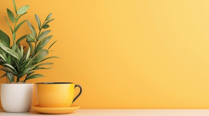 Poster - Serene Morning Corner: A minimalist composition featuring a bright yellow coffee cup and a lush potted plant against a soft yellow backdrop.