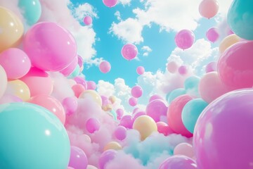 Poster - Pastel Balloons Floating Through a Dreamy Sky with Soft Clouds Celebration of Joy and Whimsy Perfect for Backgrounds and Creative Projects