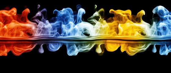 Poster - Abstract vibrant smoke art with fiery red cool blue and sunny yellow colors on black background with reflection