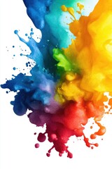 Poster - Vibrant explosion of colorful paints merging in a dynamic swirl on a clean white background creating a captivating artistic display