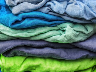 Poster - Stack of Colorful Linen Fabric in Blue Green and Purple Hues Close Up Textile Background