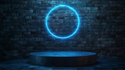 Poster - Glowing neon circle above dark stone platform against brick wall.