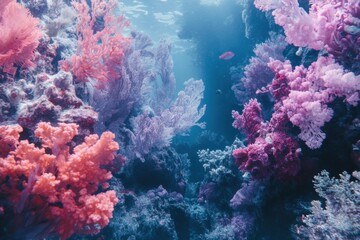 Poster - Vivid underwater scene showcasing colorful coral reef with a small fish swimming in the clear blue water
