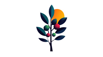 Poster - Stylized olive tree with gradient leaves and berries stands against a blurred orange circle on a black background.