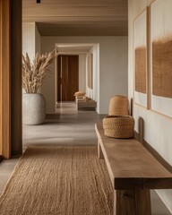 Poster - Serene hallway with rustic bench woven baskets and natural elements creating a calming interior design scene evoking tranquility and organic style