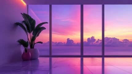 Poster - Modern minimalist room with large windows showcasing a vibrant sunset. Plants add a touch of nature to the sleek interior.