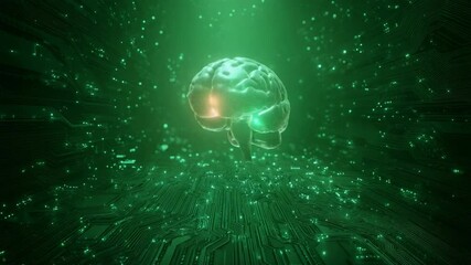 Poster - A cyberpunk animated brain loop concept, glowing neon fragments spinning above green screen background